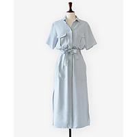 Going out Simple Sheath Dress, Solid Shirt Collar Blue Polyester / Others Spring / Summer Mid Rise Inelastic