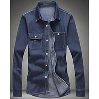 Going out Simple Spring Fall Shirt, Solid Shirt Collar Long Sleeve Blue Black Cotton Medium