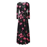 Going out Casual/Daily Beach Vintage Simple Boho Swing Dress, Floral Bow Flower Round Neck Maxi ¾ Sleeve Polyester Black Spring SummerMid