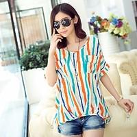 Going out Casual/Daily Holiday Cute Street chic T-shirt, Striped Round Neck Short Sleeve Red Orange Cotton