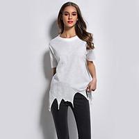 Going out Casual/Daily Holiday Simple Street chic Spring T-shirt, Solid Boat Neck Long Sleeve White Polyester