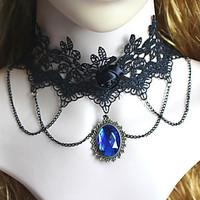 Gothic Fashion Vintage Black Lace Crystal Blue Gem Pendant Necklace Jewelry Women Sexy Accessories