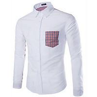 Going out Formal Work Simple Spring Shirt, Solid Classic Collar Long Sleeve Blue White Cotton Thin