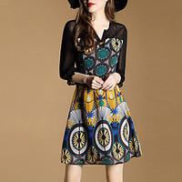 Going out Sophisticated Loose Dress, Print V Neck Above Knee ¾ Sleeve Polyester Black Spring Summer Mid Rise Micro-elastic