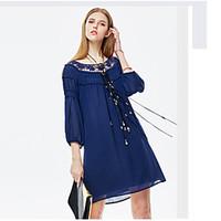 Going out Simple Chiffon Dress, Solid Round Neck Above Knee ¾ Sleeve Polyester Summer High Rise