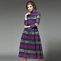 Going out Vintage Swing Dress, Print Stand Midi ¾ Sleeve Polyester Purple Spring Mid Rise Inelastic