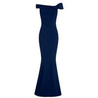 Goddiva Bow Detail Bardot Fishtail Navy Maxi Dress