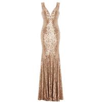 Goddiva Sequined Low V Neck Maxi Dress in Champagne