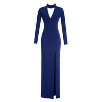 Goddiva Choker Cutout Long Sleeved Maxi Dress in Navy