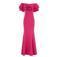 goddiva ruffle bardot maxi dress in cerise