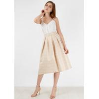 Gold Jacquard Metallic Polka Dot Pleated Midi Skirt