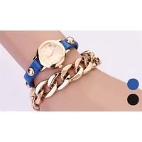 Golden Bracelet & Faux Leather Chain Watch