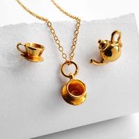 Gold Tea Cup Jewellery Set With Stud Earrings