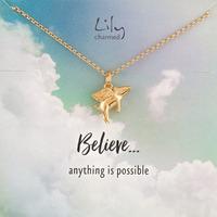 gold flying pig necklace with believe message