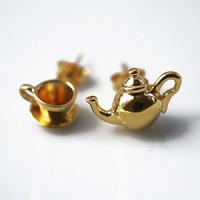 gold teapot and tea cup stud earrings mismatched