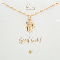 gold fatima hand necklace with good luck message