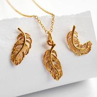 Gold Feather Jewellery Set With Stud Earrings