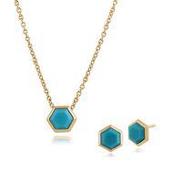 Gold Plated Silver Turquoise Hexagonal Prism Stud Earring & 45cm Necklace Set
