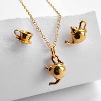Gold Teapot Jewellery Set With Stud Earrings