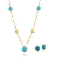Gold Plated Silver Turquoise Hexagonal Prism Stud Earring & 45cm Necklace Set