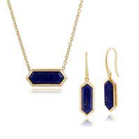 Gold Plated Silver Lapis Lazuli Hexagonal Prism Drop Earring & 45cm Necklace Set