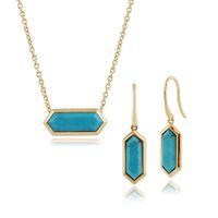 Gold Plated Silver Turquoise Hexagonal Prism Drop Earring & 45cm Necklace Set