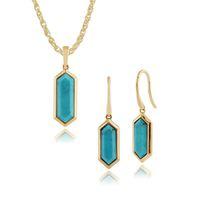 Gold Plated Silver Turquoise Hexagonal Prism Drop Earring & 45cm Necklace Set