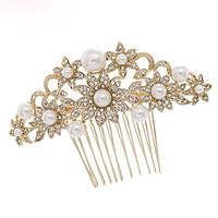 Gold Wedding Bridal Flower Hair Comb Headpiece with Imitation Pearl and Rhinestone