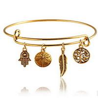 Gold Adjustable Bangle Bracelet with Leaf Palm Pendant