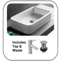 Grosseto 58cm by 36cm Rectangular Counter Mounted Basin with Tap and Plug Set