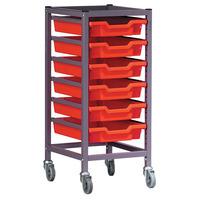 gratnells 5 shallow tray red metal rack grey with castors 370x