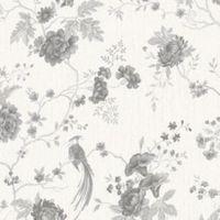 Graham & Brown Julien Macdonald Exotica White & Silver Floral & Birds Vinyl Effect Wallpaper