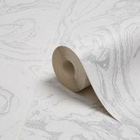 Graham & Brown Contour White & Silver Glitter Marble Tile Glitter Effect Kitchen & Bathroom Wallpaper