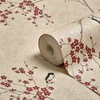 Graham & Brown Beige & Red Oriental Blossom Wallpaper