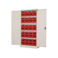 GREY STORAGE CUPBOARD AND 40 RED BINS