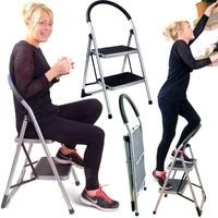 Great Ideas Folding Two Step Ladder Chair - Stepladder That Is Also A Stool - Extra Wide Deep Rubber Lined Treads