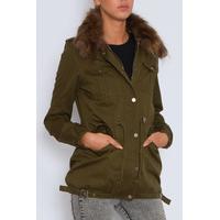 Green Khaki Fur Trim Parka Coat