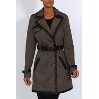 Grey And Black PU Trim Trench Coat