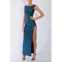 Green and Blue Side Split Sequin Maxi Dress