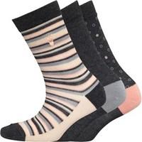 Green Treat Womens Three Pack Socks Peach/Charcoal Stripe