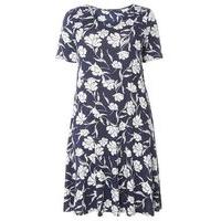 Grey And Navy Blue Floral Fit & Flare Dress, Bright Multi