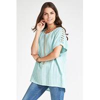 green linen blend crochet shoulder t shirt