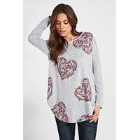 Grey & Red Rose Heart Print Long Sleeved Top