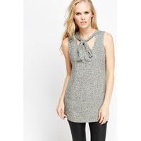 Grey Ribbed Low Neck Tied Top