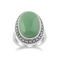 green jade sparkling marcasite oval ring in 925 sterling silver