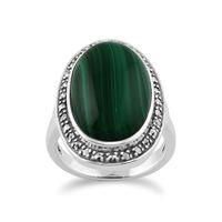 green malachite sparkling marcasite ring in 925 sterling silver