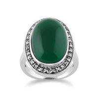 Green Chalcedony Sparkling Marcasite Oval Ring in 925 Sterling Silver