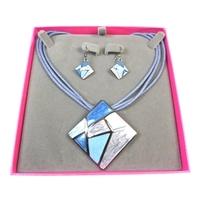 Grey tone blue cord necklace with square pendant & hoop earrings