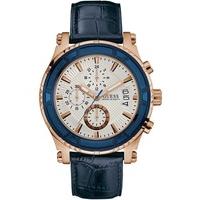 Guess Mens Rose Gold Plated Blue Leather Strap Watch W0673G6