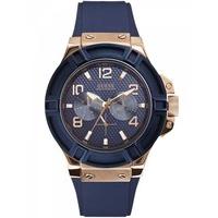 Guess Mens Rose Gold Plated Blue Rubber Strap Watch W0247G3